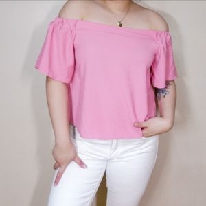 Skylar Belle Off The Shoulder Pink Boat Neck Short Flared Sleeves